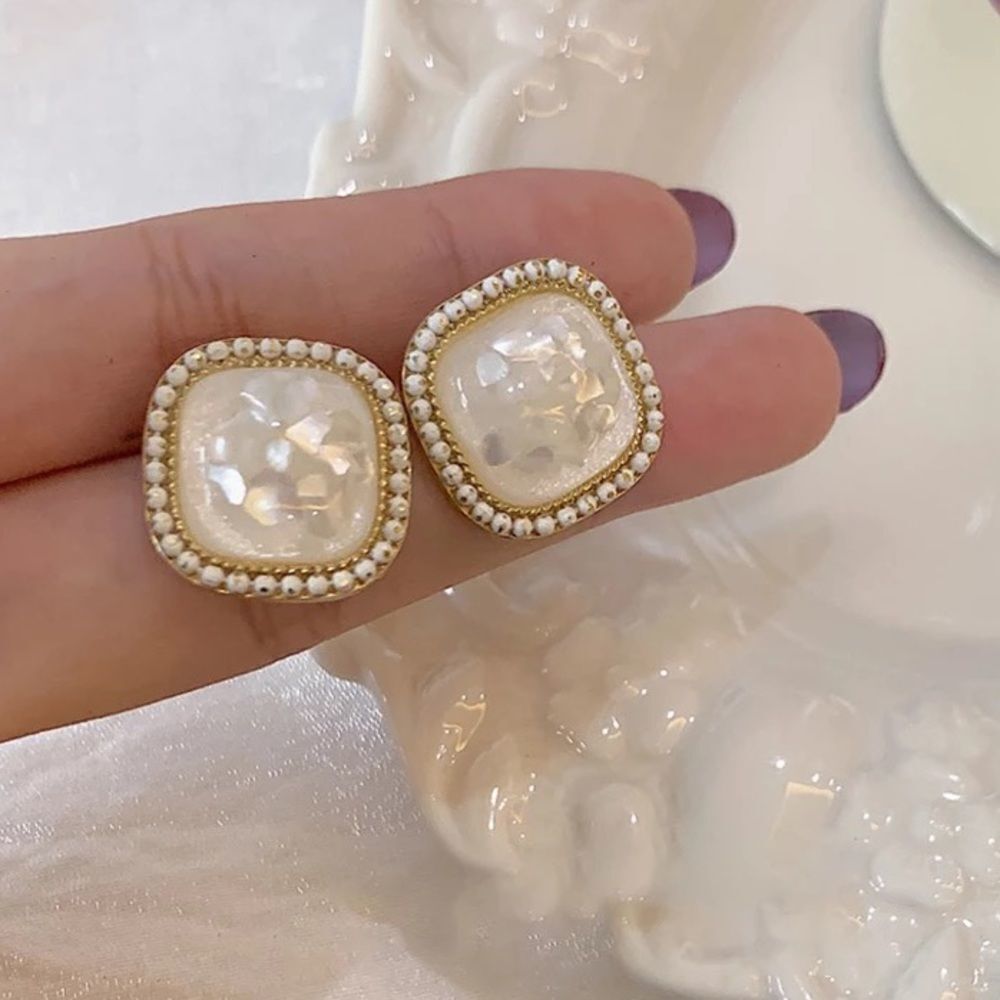 Druzy White Resin Squared Button Earrings